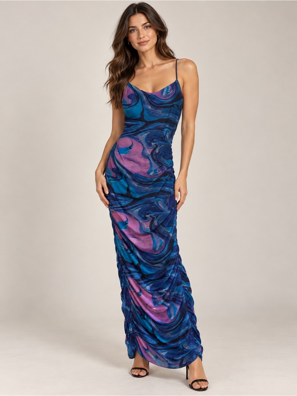Princess Polly Ruched Marble Print Maxi Dress Blue Purple Spaghetti Strap Size 8
